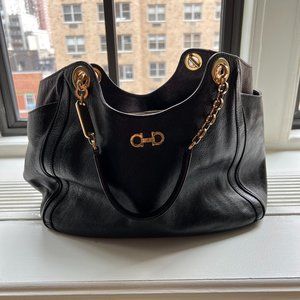 Salvatore Ferragamo Black Leather Handbag - Gold